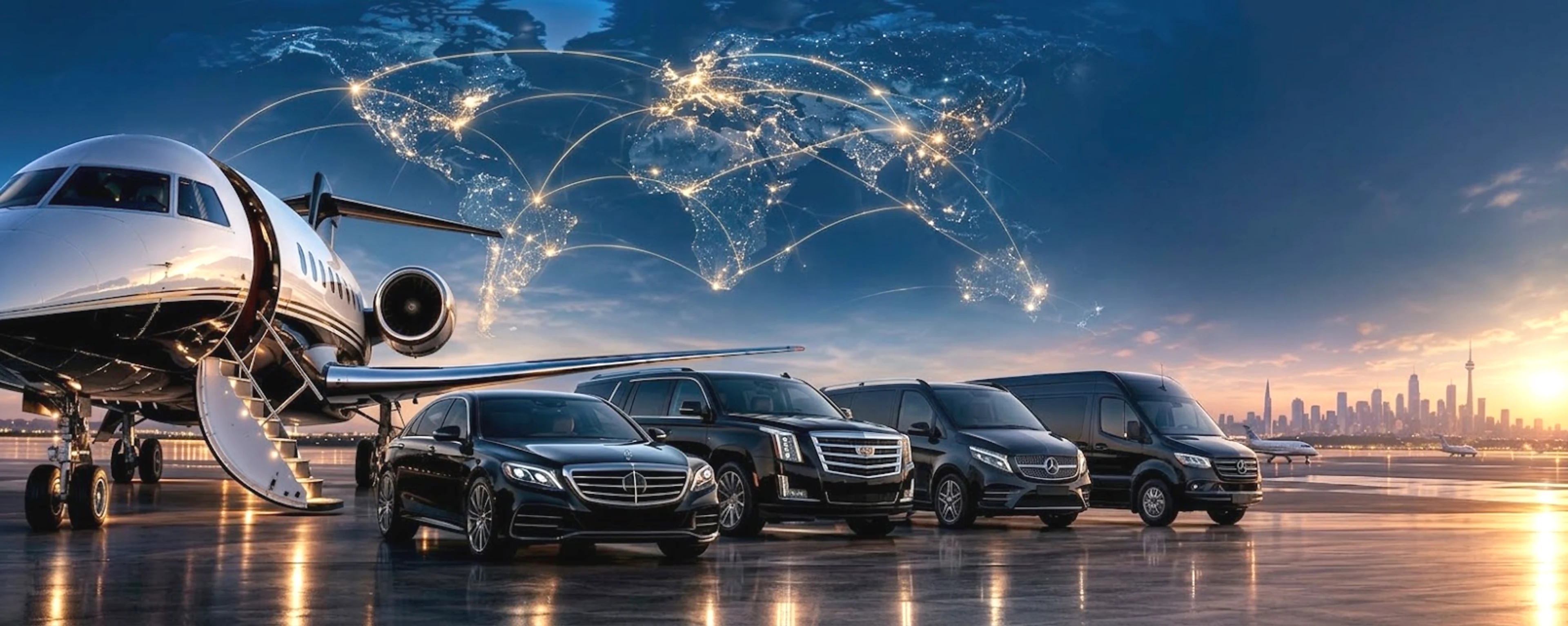 Private jet and luxury sedan, SUV and vans beneath an illuminated worldwide aviation network